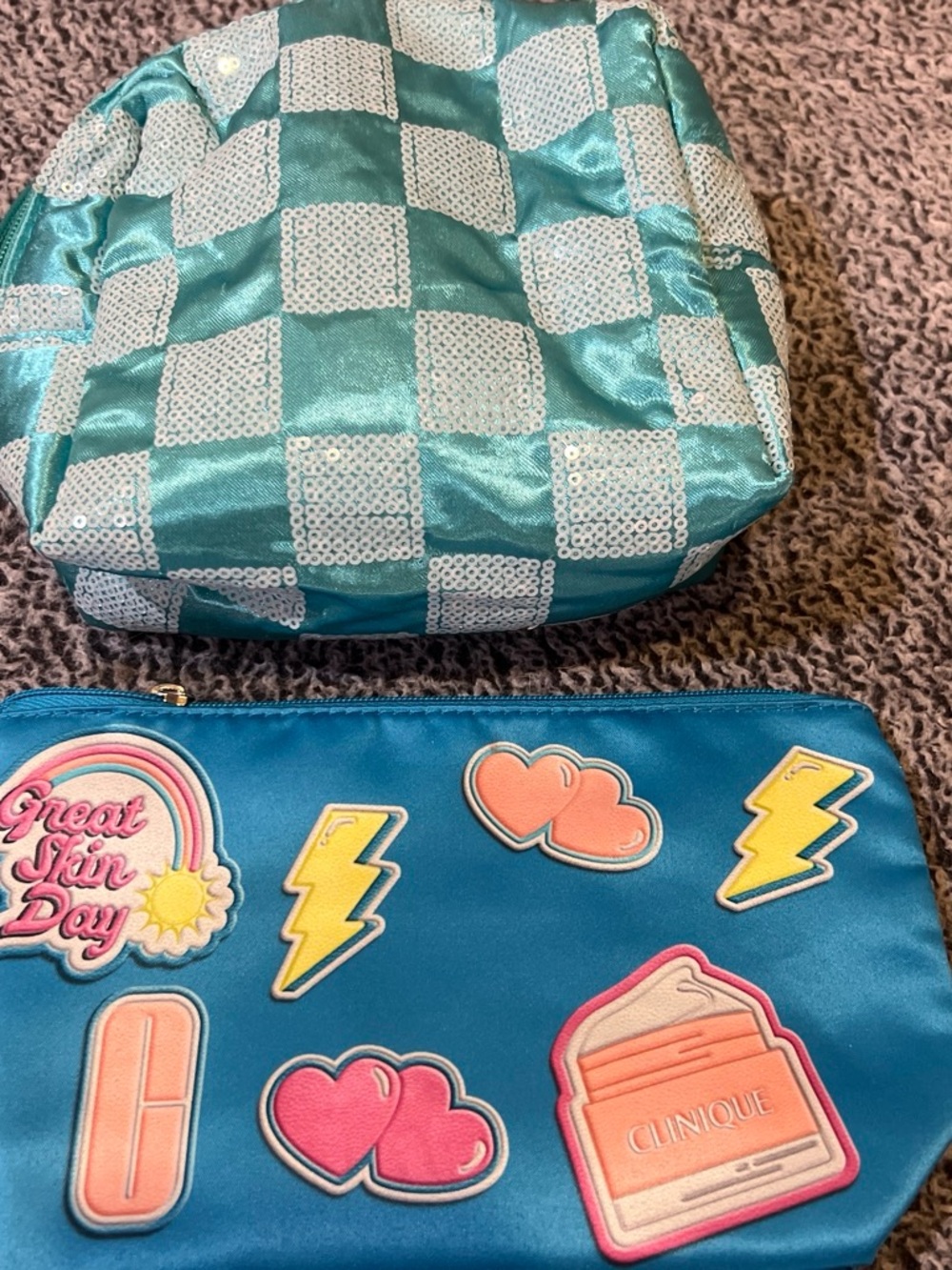 Ulta Teal and Aqua Sequin Checker + Clinique Blue Patch Cosmetic Pouches